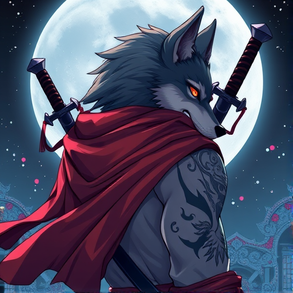 Loup roublard maitre de la lune avec un écharpe rouge autours du cou et avec deux épées dans le dos et un tatoo sur le bras