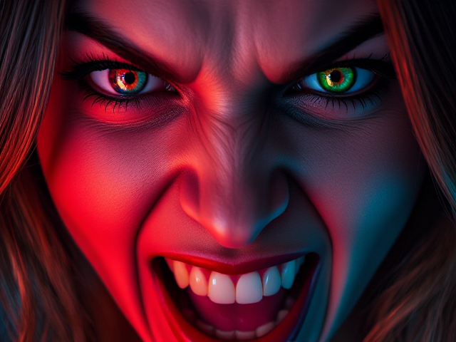 hyper realistic close up face woman angry expression gritted teeth vampire neon colours two different coloured eyes detailed colourful rainbow