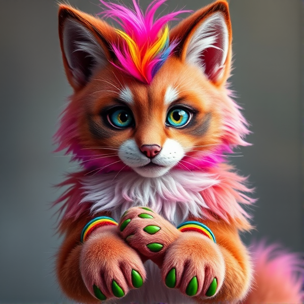 Unique fursona cat dog fox wolf pink and brown furry with scenecore fingerless gloves  and rainbow hair tuft, brightly coloured bracelets over the hands. Green paw pads full body artwork