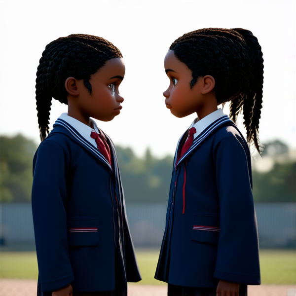 deux jeunes filles de huit ans portant des tresses africaines noires et des uniformes scolaires se tenant face à face dans une cour d'école, les yeux humides de larmes et l'air bouleversé alors qu'elles sont en pleine dispute