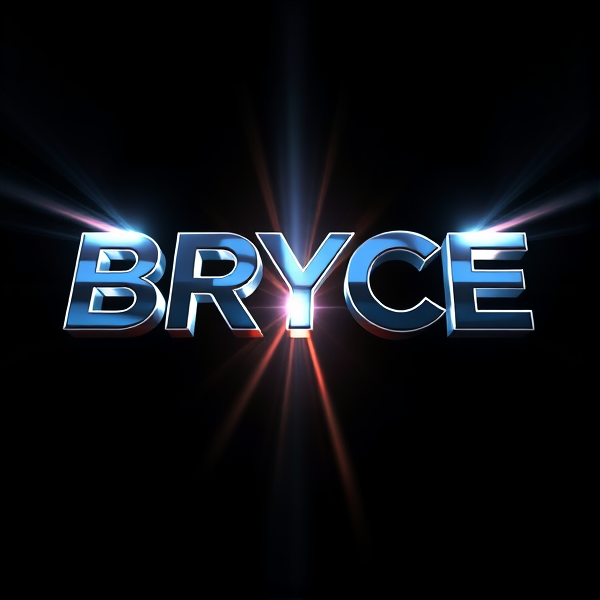 Create a visually arresting 3D logo for "BRYCE" that exudes ultra-modern, sleek design elements with bold sans-serif typography which dynamically bursts forth from a pitch-black background. Infuse the artwork with electrifying light beams inspired by the Capcut app icon's luminosity, casting profound shadows and creating striking highlights across the logo's contours. Incorporate a fusion of cutting-edge curves, crisp edges, and fluid lines to convey both rapidity and elegance. The logo should be enveloped in a metallic skin exhibiting a lustrous, mirror-like finish to dramatically bounce off light, imbuing it with an essence of vigorous motion. Draw upon Pixar's hallmark of incisive imagery and pronounced geometric shapes, injecting the tableau with a lively color spectrum and polished surfaces for additional depth. Utilize rendering techniques paralleling Unreal Engine's hyper-realism and Octane Renderer's ray tracing capabilities to achieve mesmerizing reflections, alongside V-Ray's sophisticated lighting effects to accentuate the mood. Strive for an overwhelmingly surreal visual spectacle that flirts with sci-fi elements, deliberately exaggerating every aspect for maximal impact. This creation ought to be perceived as audaciously lavish, overtly eschewing any inclination towards subtlety or minimalism.