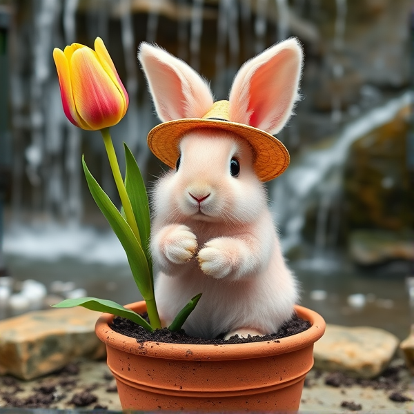 A cute mini pink fluffy hare with fluffy sagging  ears in a jupiter pot with soil and A Sunshine hat holding a tulip in front of a water fall in realism