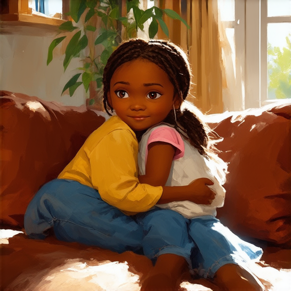 An 8-year-old African girl with intricate traditional braided hair, sitting comfortably on her mother's lap, both exuding a warm and nurturing atmosphere. The mother is depicted as loving and protective, embracing her daughter in a cozy, homelike setting and there are his father also with her