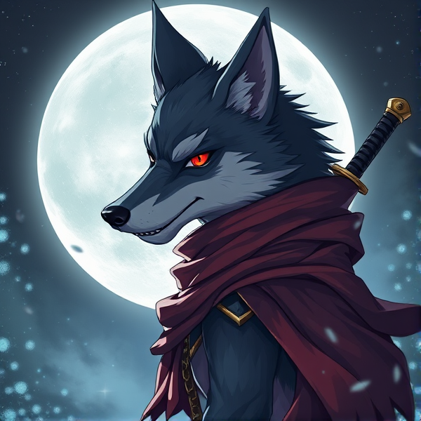 Loup roublard maitre de la lune avec un écharpe rouge autours du cou et avec deux épées dans le dos et il y a les yeux rouges