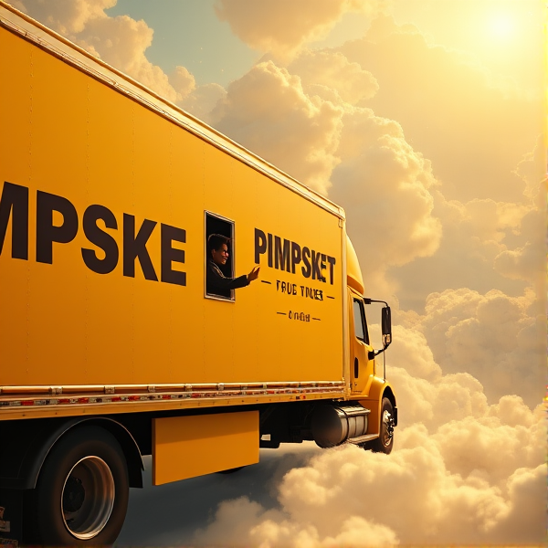 In heaven, all yellow moving truck that says the word "PIMPSKE" ON THE SIDE of trailer, black driver waving out window, truck is driving into heaven