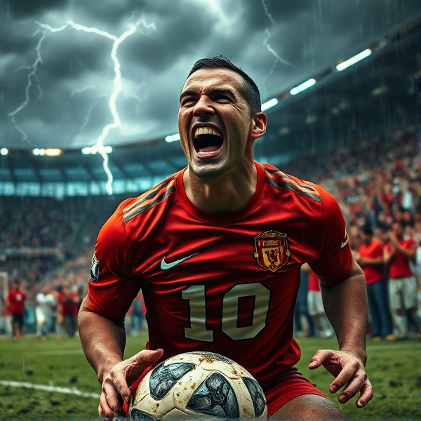 Gagnant triomphant de football, visage capturant avec précision l'intensité et la fureur de la victoire, les veines saillantes sur le front trahissant une lutte acharnée, célébration avec un cri de victoire retentissant qui transperce l'ambiance du stade. Gros plan sur le visage où chaque goutte de sueur et muscle tendu est visible dans les moindres détails, reflétant des heures d'entraînement rigoureux. Maillot imbibé d'une sueur bien méritée, moulant les muscles définis de l'athlète, avec le numéro 10 iconique en contraste frappant au dos. L'environnement vibre d'une énergie électrique : un ciel menaçant chargé d'éclairs dramatiques plane au-dessus du stade bondé où une foule en liesse explose de joie dans un ouragan d'applaudissements et de cris. Visages exaltés peints aux couleurs vibrantes de l'équipe locale, révélant une euphorie sans bornes face à ce moment historique. Au sol gît le ballon maculé de boue près des pieds victorieux du joueur, signe indéniable d'un match disputé sur terrain glissant; brins d'herbe éparpillés tout autour ajoutent au réalisme brut du tableau. Le jeu est celui du soccer et le héros ressemble à Zinédine Zidane, capturé dans sa pose légendaire après avoir marqué un but critique sous une pluie diluvienne qui vient accentuer la tension dramatique déjà palpable.