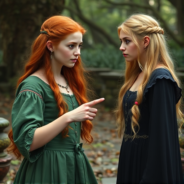 Red haired Caucasian Arthurian teenage princess wearing a green dress, points at a blonde haired druidess wearing a black dress