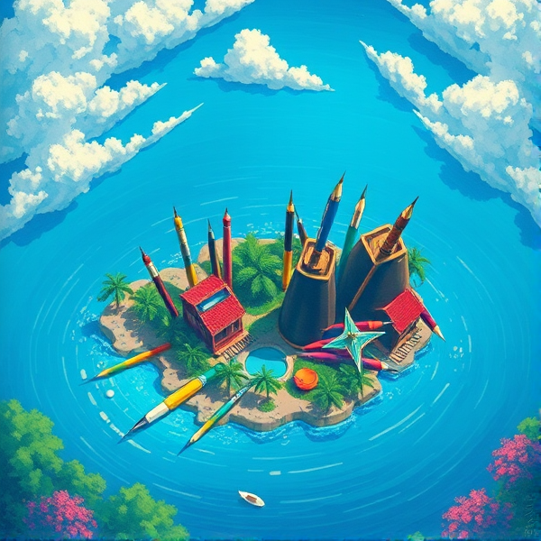 Pen isle with a variety of writing pens arranged to form the shape of an idyllic pen shaped tropical isle