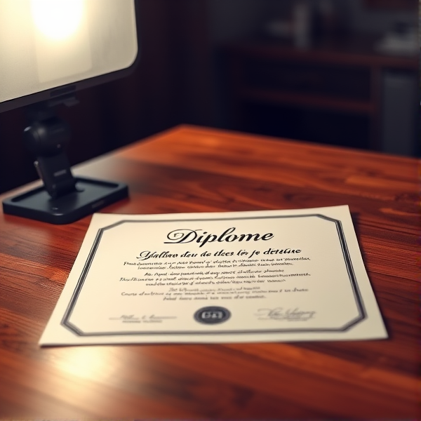 Diplôme écrit en français posé sur une table