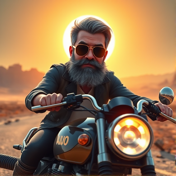 A seasoned gentleman wearing sunglasses with distinguished slick salt-and-pepper hair and a full, well-groomed beard astride a rugged motorcycle, cruising through a desolate landscape indicative of a post-apocalyptic setting. The letters "AUO" are prominently illuminated on the motorcycle's fuel tank.