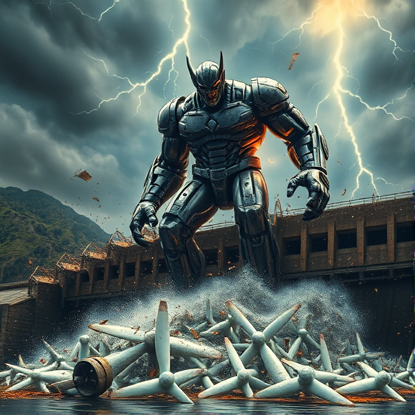 Un colosse en métal, incarnant la rage pure, déchire avec fureur un barrage hydroélectrique vétuste - un puissant symbole de la lente évolution vers des énergies renouvelables. La scène se déroule sous le ciel d'un orage apocalyptique, zébré par des éclairs intenses et dramatiques. Autour du titan, les turbines se brisent en éclats, et les débris s'envolent dans les airs tumultueux. L'œuvre doit transpirer le réalisme hyperbolique avec un souci du détail poussé à l'extrême et des couleurs intensément saturées pour souligner l'intensité de l'action.