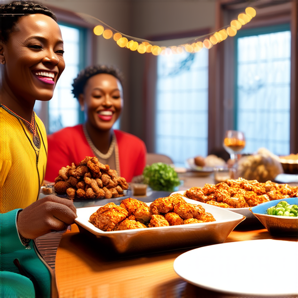 Repas de famille africaine chaleureux et convivial, avec un grand assortiment de plats traditionnels soul food sur une grande table en bois, entourée de membres de la famille riant et partageant des moments ensemble dans une salle à manger bien éclairée et décorée pour l'occasion