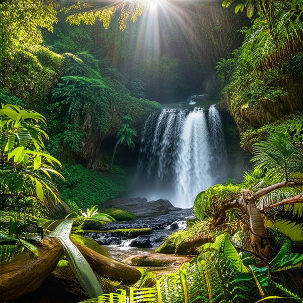 forêt tropicale luxuriante avec une biodiversité riche, cascades scintillantes et rayons de soleil perçant la canopée