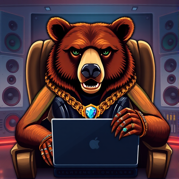 Concevez un logo dynamique et futuriste où figure un ours anthropomorphe au style élégant et moderne, assis majestueusement dans un fauteuil de directeur devant un ordinateur portable haut de gamme. L'animal, au pelage éclatant d'un brun profond avec des reflets dorés, semble absorber par le processus créatif de la composition musicale, les yeux fixés sur l'écran lumineux où se dessinent des logiciels de MAO (Musique Assistée par Ordinateur) dernier cri. Autour du cou de l'ours pend une chaîne en or massif ornée d'une myriade de diamants taillés avec précision pour maximiser leur brillance étincelante. La collection de bijoux qu'il porte est à la fois imposante et exquise, incluant plusieurs bagues aux gros cabochons colorés serties dans des montures complexes, des bracelets épais jonchés de pierres précieuses et d'insignes en métaux rares ainsi qu'un pendentif luxueux qui capte l'attention par son design unique et sa pierre centrale volumineuse. Son visage exprime une confiance inébranlable et une volonté farouche, ses traits soigneusement définis traduisent son statut élevé et son caractère dominant. Il porte également des écouteurs professionnels autour du cou, ajoutant ainsi à son allure une touche technologique contemporaine.

Les couleurs du logo sont intenses et contrastées pour souligner chaque élément distinctif : du bleu électrique aux rouges ardents en passant par des verts vivifiants qui se marient harmonieusement avec les tons métalliques des bijoux. La scène est complétée par un arrière-plan représentant divers équipements audio professionnels comme des moniteurs studio hauts de gamme, un clavier maître MIDI sophistiqué, une table de mixage numérique complète avec faders motorisés, le tout évoquant l'intérieur d'un studio d'enregistrement bien équipé.

Chaque aspect du design doit être rendu avec précision pour refléter la puissance tranquille mais assurée de cet ours compositeur respecté dans son milieu musical. Le logo doit véhiculer une sensation d'énergie créative contrôlée et être suffisamment polyvalent pour être utilisable sur différents supports promotionnels liés à la marque ou à l'artiste qu'il représente.