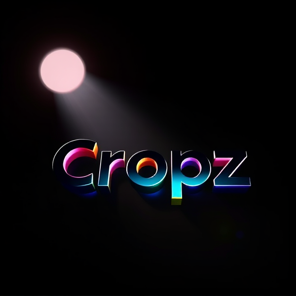 Highly detailed, high-contrast 3D logo with the text "Cropz" emerges in bold relief against an inky black background. The logo is designed with a futuristic flair using a bold, sans-serif font that seems to leap forward from the darkness. This dynamic interplay of light and shadow is achieved by a concentrated circular beam of light that casts dramatic, sharp shadows across the logo's surface, emphasizing its sleek futuristic curves. A reflective metallic finish adorns the logo, which cleverly interacts with the illuminating light to reveal a prismatic array of vibrant colors featuring intense gradation, creating an effect of lifelike depth akin to the high-quality animations seen in Pixar films. The logo boasts an impeccable crispness and geometric precision in its rendering that calls to mind the sophisticated visual effects produced by state-of-the-art rendering software such as Unreal Engine, Octane Render, and V-Ray. An exaggerated and surreal atmosphere pervades the design, incorporating science fiction elements while being engineered to evoke excitement and pique curiosity through neuromarketing principles.