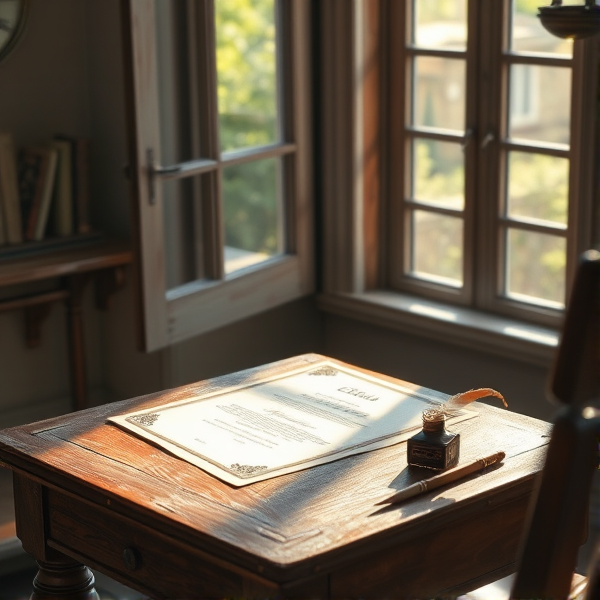 diplôme posé soigneusement sur une table en bois ancienne, encre et plume à côté, lumière douce de matin filtrant par une fenêtre ouverte, ambiance studieuse