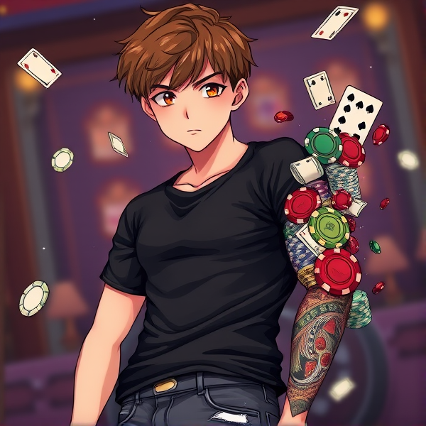 Un jeune homme de 19 ans aux cheveux courts bruns et aux yeux de la même couleur, vêtu d'un t-shirt noir ajusté et d'un jean slim gris foncé déchiré. Il arbore un tatouage dynamique sur son avant-bras droit, représentant des jetons de casino colorés, des cartes à jouer dispersées et des billets de banque enroulés, le tout évoquant une scène de jeu animée. Le style est fortement inspiré du caractère et de l'esthétique anime spécifiques à "Inazuma Eleven", avec des traits exagérés et expressifs typiques du dessin animé japonais.