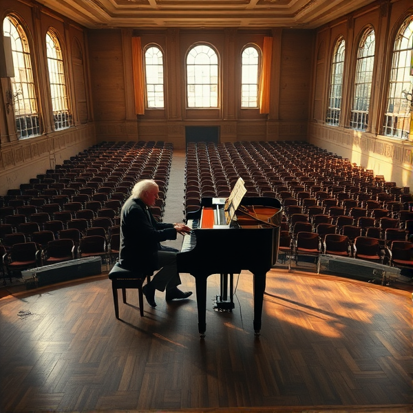 Un vieux pianiste aux cheveux argentés jouant doucement une mélodie mélancolique dans une grande salle de concert vide, les sièges abandonnés et la lumière du jour déclinante filtrant à travers les hautes fenêtres poussiéreuses créant des jeux d'ombre et de lumière sur le sol en bois poli. Les touches du piano résonnent dans l'espace silencieux, symbolisant la solitude mais avec une touche de paix intérieure. Style réaliste avec attention minutieuse aux textures et aux reflets, éclairage naturel doux accentuant la sensation de solitude. Vue en plongée depuis le balcon de la salle, capturant l'ensemble du décor et la figure isolée du pianiste en harmonie avec son instrument