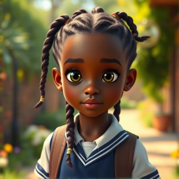 Jeune fille africaine de douze ans avec des tresses traditionnelles, vêtue d'un uniforme scolaire rentrant à la maison