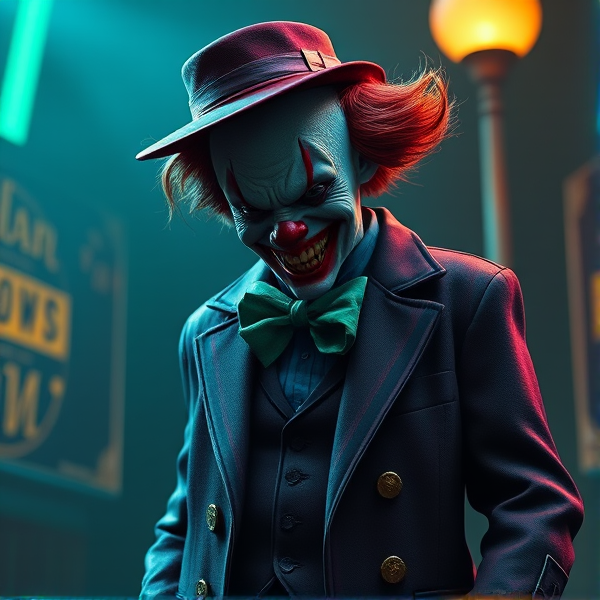 killer clown in a gangster outfit