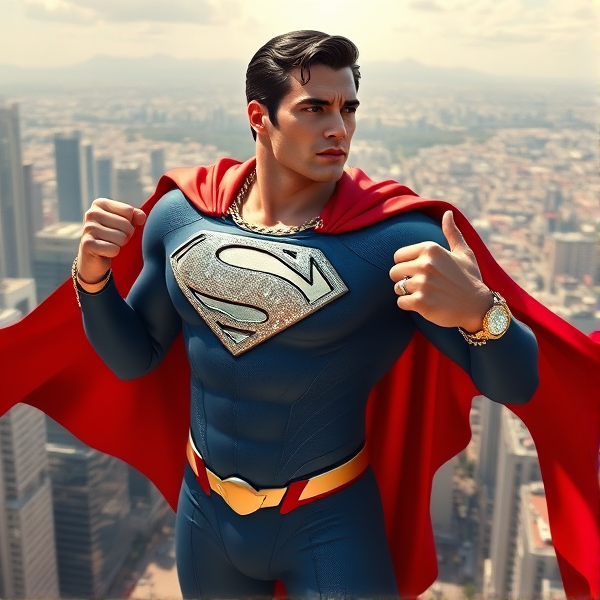 Superman arborant une cape rouge flamboyante flottant au gré d'une brise puissante, portant un costume bleu électrique au tissu semblant indestructible, avec un 'S' majestueux incrusté de cristaux éclatants sur sa poitrine saillante. Des chaînes en or massif aux maillons épais ornent son torse, capturant les scintillements du soleil. Chaque doigt est décoré d'une bague luxueuse sertie de diamants étincelants. Au poignet gauche, une montre-bracelet en platine incrustée de pierres précieuses révèle l'élégance et la stature imposante du héros. Il pose sur le toit d'un gratte-ciel imposant dans une métropole vibrante et futuriste où des buildings avant-gardistes et des avenues bourdonnantes constituent l'arrière-plan dynamique. Son regard intense est fixé sur l'horizon lointain, veillant sur la ville qu'il a juré de défendre, prêt à s'envoler vers sa prochaine mission héroïque à la moindre alerte.