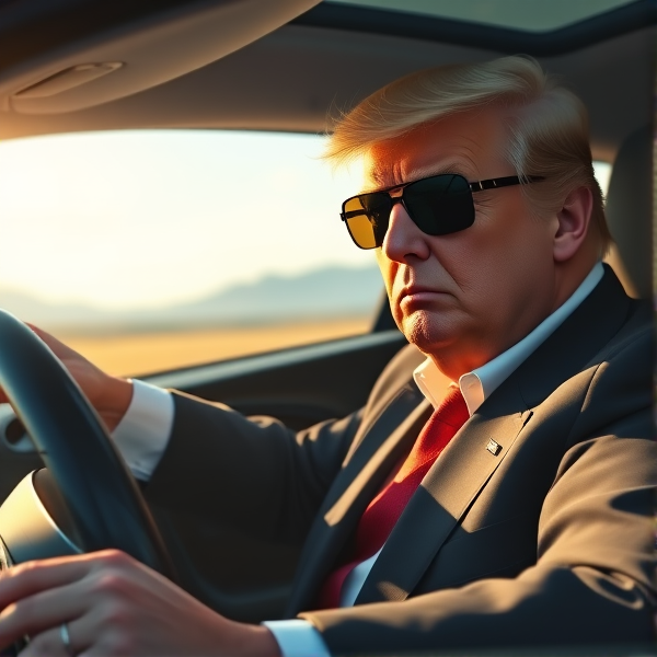 donald trump driving a lamborghini with sunglasses on