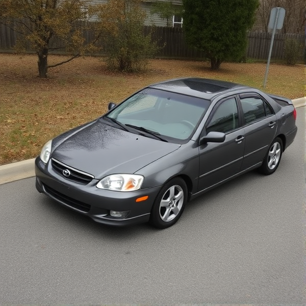semi dark gray 2003 toyota corolla with a full black hood