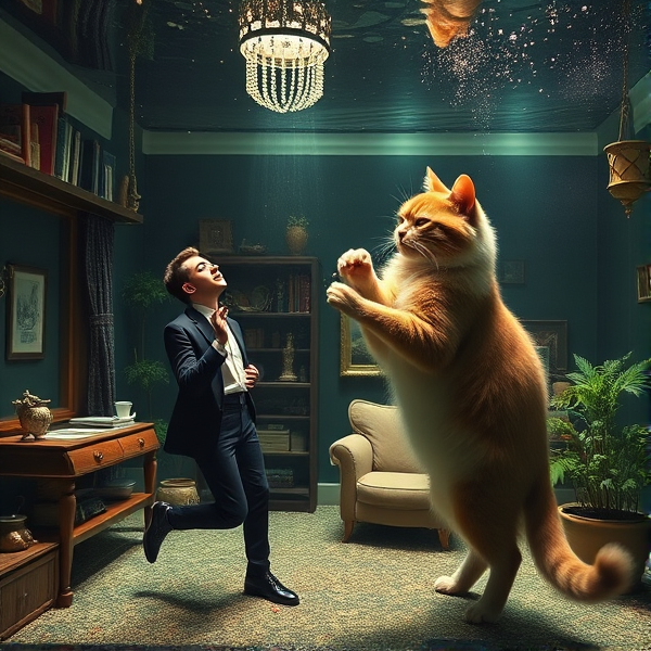 Dans un vaste aquarium, un diorama élaboré représentant un appartement typique de Paris avec des détails bohèmes et artistiques. Un jeune homme stylisé et androgyne, habillé à la mode parisienne, se comporte tel un poisson, nageant gracieusement vers le haut pour saisir les miettes de nourriture lancées par un chat surdimensionné au pelage touffu et aux yeux perçants qui se tient debout sur ses pattes arrière à côté de l'aquarium. L'ensemble évoque une scène à la fois intrigante et fantastique, dignes d'une oeuvre d'art surréaliste où le temps semble suspendu.