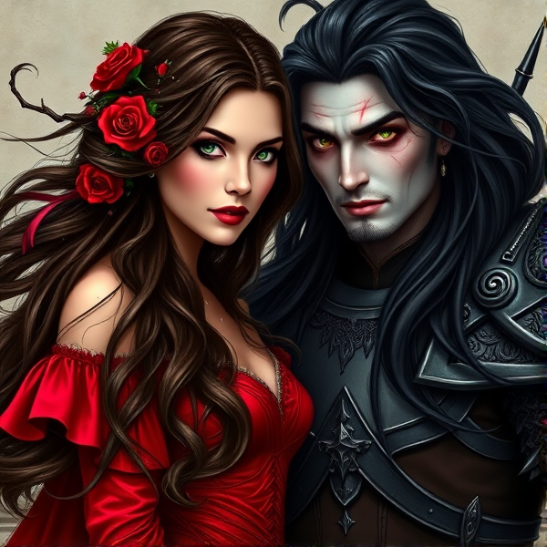 A woman with long flowing dark brown hair, green eyes, wearing a red dress with roses and thorns in her hair. Standing beside her is a man, much taller than her, with black flowing hair that curls at the ends. He has black eyes and a pale silvery face. He wears black and silver armor with long points on the ends. They are in love