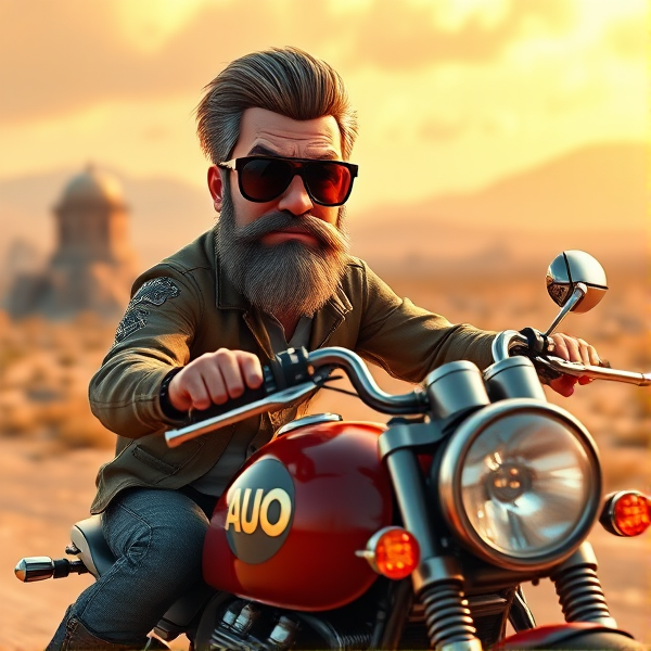 A seasoned gentleman wearing sunglasses with distinguished slick salt-and-pepper hair and a full, well-groomed beard astride a rugged motorcycle, cruising through a desolate landscape indicative of a post-apocalyptic setting. The letters "AUO" are prominently illuminated on the motorcycle's fuel tank.