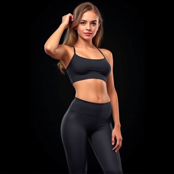 Elegantly stylized portrait of a teenage girl, embodying classical beauty with idealized proportions: a generously endowed bust, dramatically tapered waist, shapely hips, and full thighs that contribute to her pronounced hourglass figure. She is clad in form-fitting leggings and a supportive sports bra that tastefully accentuates her curves