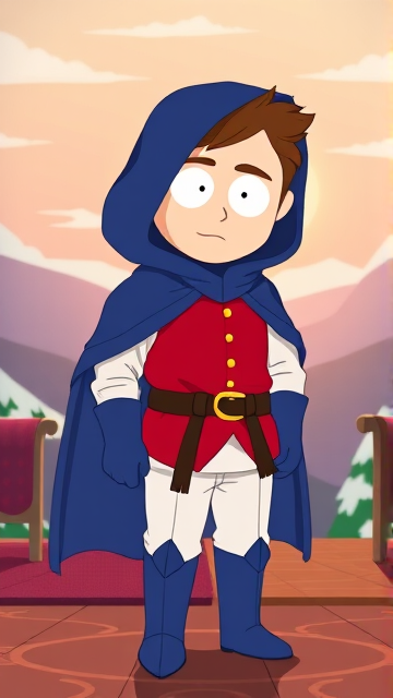 Clyde Donovan from South Park, light skin and brown hair, but as a 14-Year Old, dressed as a medieval prince with a red shirt with white sleeves, a black belt with a gold buckle, white pants, blue boots, blue long-cuffed gloves, and wreathed in a big blue hooded cape, now known as Prince Donovan. Despite still being a kid, he is the Youngest Ruler of South Park, Colorado, but now reborn as the real life Kingdom of Kupa Keep, Zaron, and Prince Donovan is its youngest and greatest hero. The young teenage prince of Kupa Keep is currently standing in his bedroom in his new home of Kupa Keep Castle, preparing to set out for adventure.