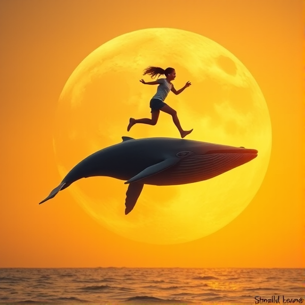 a girl jumping a whale over the moon
