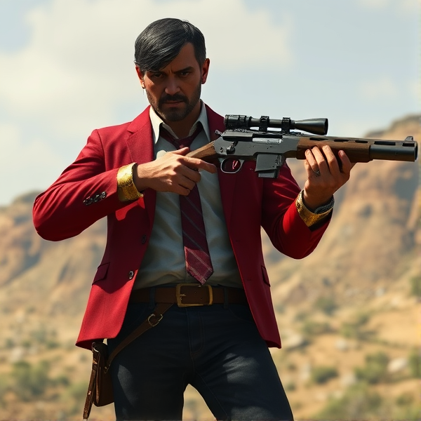 Full body image. John Marston: his skin was now a dark reddish-grey and his cybernetic left arm was now gold. It seems his arms weren’t the only thing that changed, he saw his suit had gotten a complete replacement, by all means it was still his suit (Kevlar and all) but the jacket was red, along with his jeans (although his jeans were a darker shade of red) and shoes, his belt and shirt were black, his tie was still red, and his twin desert eagles were now gold and had red glow sights