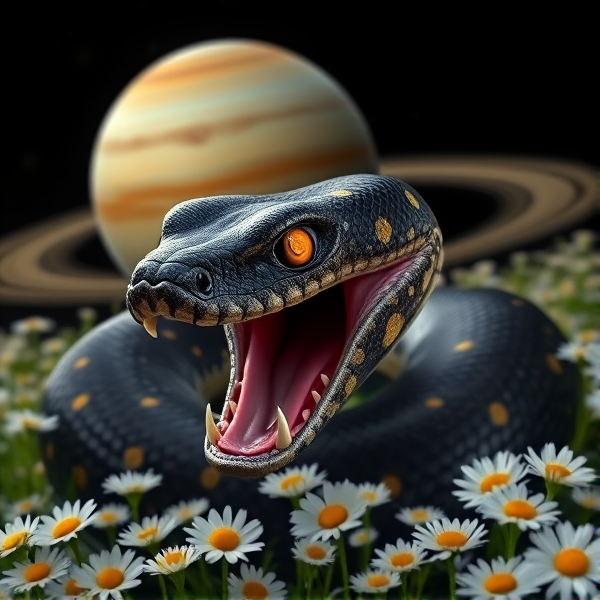 a black and star and planet covers shimmer ball python with the sun and moon for eyes with an open mouth showing it’s teeth in a field of daisies and a Saturn behind it