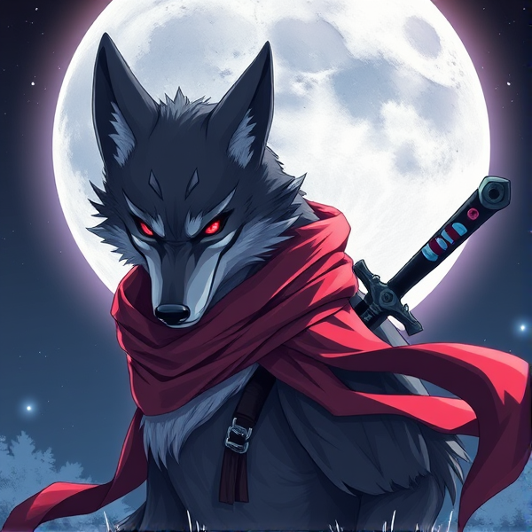 Loup roublard maitre de la lune avec un écharpe rouge autours du cou et avec deux épées dans le dos et il y a les yeux rouges