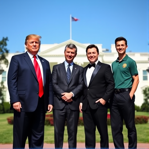 Donald Trump in a navy blue suit with a red tie, standing confidently beside JD Vance in a charcoal gray suit, Elon Musk in a black tuxedo, and Robert Kennedy Jr. wearing a green polo shirt, all smiling against the backdrop of the White House under a clear blue sky