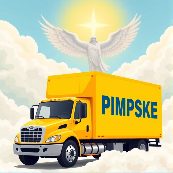 In heaven, all yellow moving truck that says the word "PIMPSKE" ON THE SIDE of trailer, black driver waving out window, truck is driving into heaven