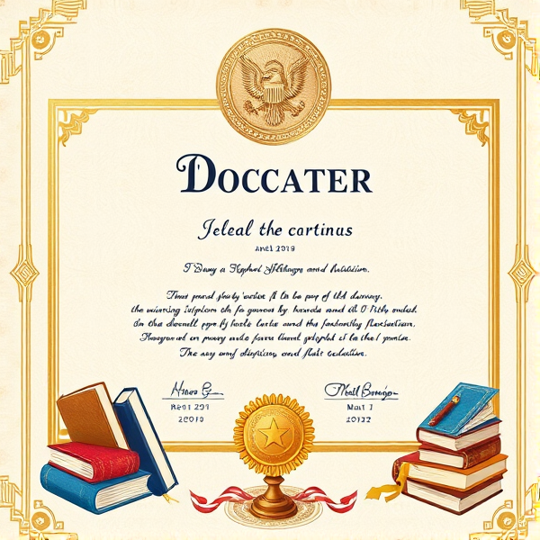 Prompt: Diplôme de docteur élégant avec des bordures dorées sophistiquées, un sceau officiel en relief, une typographie classique et claire sur un fond en parchemin texturé, le tout présenté dans un cadre académique avec des livres et des symboles éducatifs