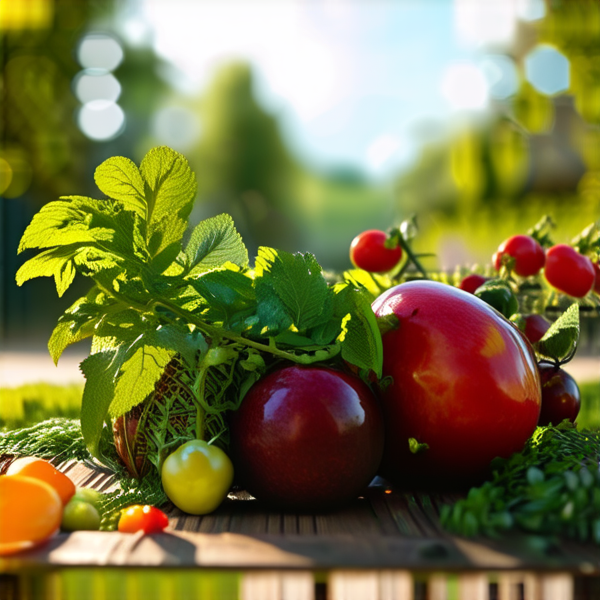 Jardin luxuriant avec fruits et légumes entouré d'une clôture en bois
