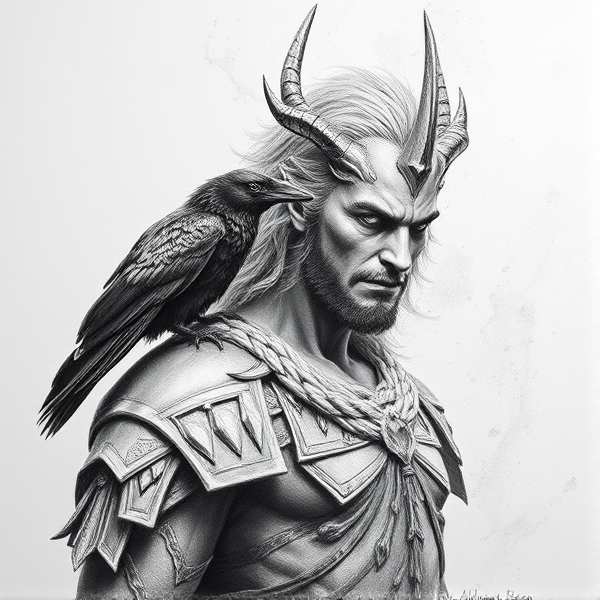 Personnage mythologique avec corbeau sur l'épaule