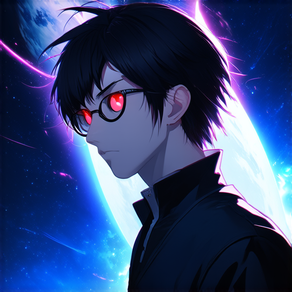 je veux une image avec un fond sur l'espace avec homme devant avec des yeux rouge style de l homme jeux geek