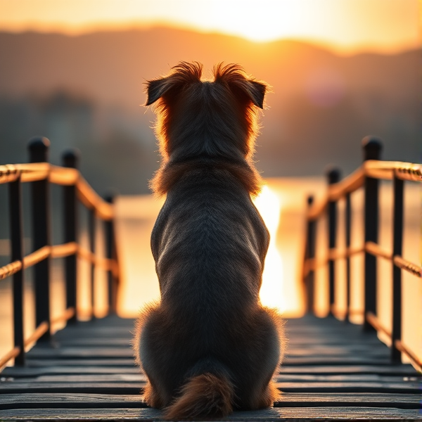Back of a shitzu dog sitting on bridge silhouette