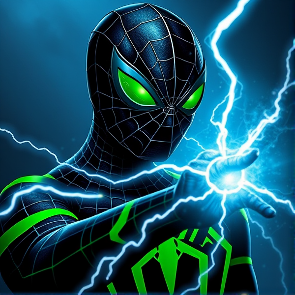 Créer une image d'un spiderman noir et vert avec des yeux vert qui contrôle l'électricité