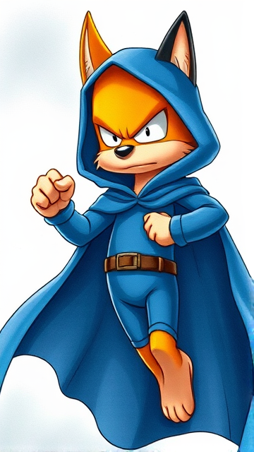 Miles 'Tails' Prower, but after the ancient heroic spirit personality within him has taken over his body, with his face now locked in a look of justice and anger, disguised in a big blue hooded cape draped around his obscured body with the hood keeping his face hidden in the shadows and covering his ears, calling himself the Chosen One, flying out of nowhere, ramming himself fists-first into the villain responsible for banishing him.