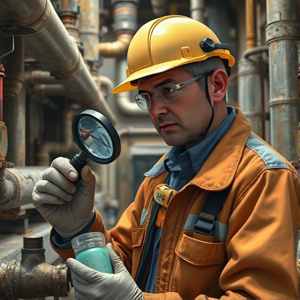 Asbestos assessor inspecting materials and equipment for asbestos content in an industrial setting, wearing protective gear, using tools like magnifying glass and sample containers, surrounded by old pipes and insulation materials