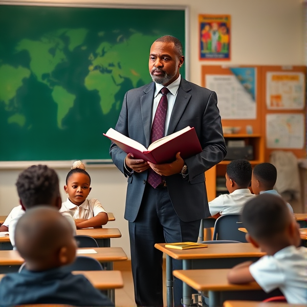 Directeur d'école afro-américain debout tenant un classeur ouvert dans ses mains portant un costume formel, dans une salle de classe avec un tableau vert, s'adressant  à un groupe d'élèves afro-américaines attentives de huit ans assises à leurs pupitres. Ils sont entourés de matériel pédagogique adapté à leur âge, comme des cartes géographiques, des affiches éducatives et des dessins d'enfants accrochés aux murs. La scène dégage une atmosphère chaleureuse et encourageante.