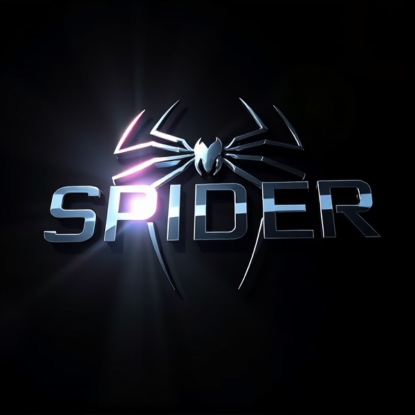 Design a 3D logo with the inscription "SPIDER" that reflects a futuristic and sophisticated style. The logo should be crafted with bold, sans-serif typography that gives the illusion of rising out of a deep black background. Integrate intense light beams reminiscent of the Capcut app icon's brightness to cast dramatic shadows and create stark highlights on the face of the logo. Blend seamlessly advanced curves, acute angles, and flowing lines to convey notions of velocity and elegance. Apply a metallic sheen to the logo for a mirrored effect, amplifying the reflection of light and imparting a sensation of swift motion. Draw inspiration from Pixar's intricate visuals and distinctive geometric shapes, utilizing a lively color scheme and shiny textures to enhance three-dimensionality. Leverage rendering techniques comparable to Unreal Engine for lifelike reflections, Octane Renderer's ray tracing for captivating glossiness, and V-Ray lighting to establish the mood. Craft an overwhelmingly grandiose and science fiction inspired visual display that is deliberately far from subtle or minimalist, designed to leave a striking impression through its audaciousness