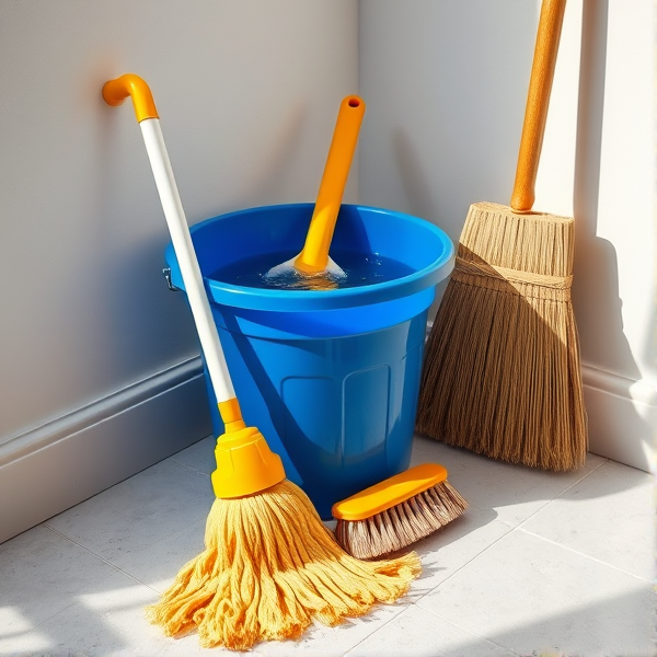 A meticulously arranged cleaning corner in a brightly lit room, featuring a shiny blue bucket filled with crystal-clear water, a neatly folded yellow mop resting beside it, a stiff-bristled scrub brush, and an upright broom with clean, natural straw bristles set against the wall. Soft shadows accentuate the textures of each object and the clean, tiled floor reflects the ambient light