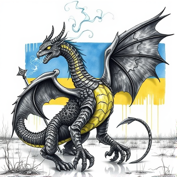An intricately designed, streamlined wyvern, with a wing on each side of its body. The wyvern's scales are a masterpiece of detailed circuit patterns that shimmer with a lifelike electrical pulse. From its nostrils, ethereal streams of digital smoke curl upwards, timed with the deep, resonant roars that showcase its electrified sharp fangs. The wyvern is holding a Caduceus staff in one hand. As a respectful nod to tribute and unity, incorporate elements of the Ukrainian flag within the composition. This majestic creature resides in a desolate post-apocalyptic landscape that accentuates its powerful presence. In the background is the Ukrainian flag, a rectangle, with the top half blue and the bottom half yellow.